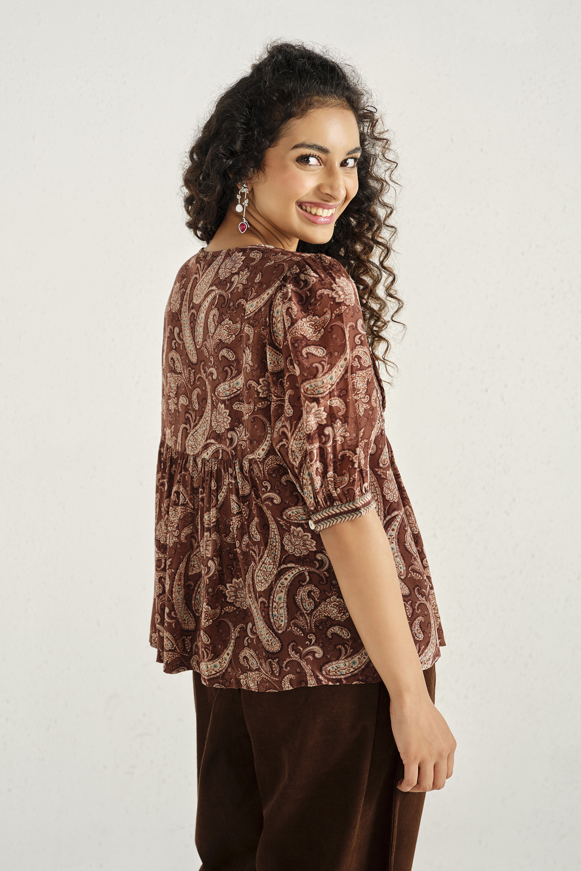 Printed Peasant Top in Brown, Brown, image 6